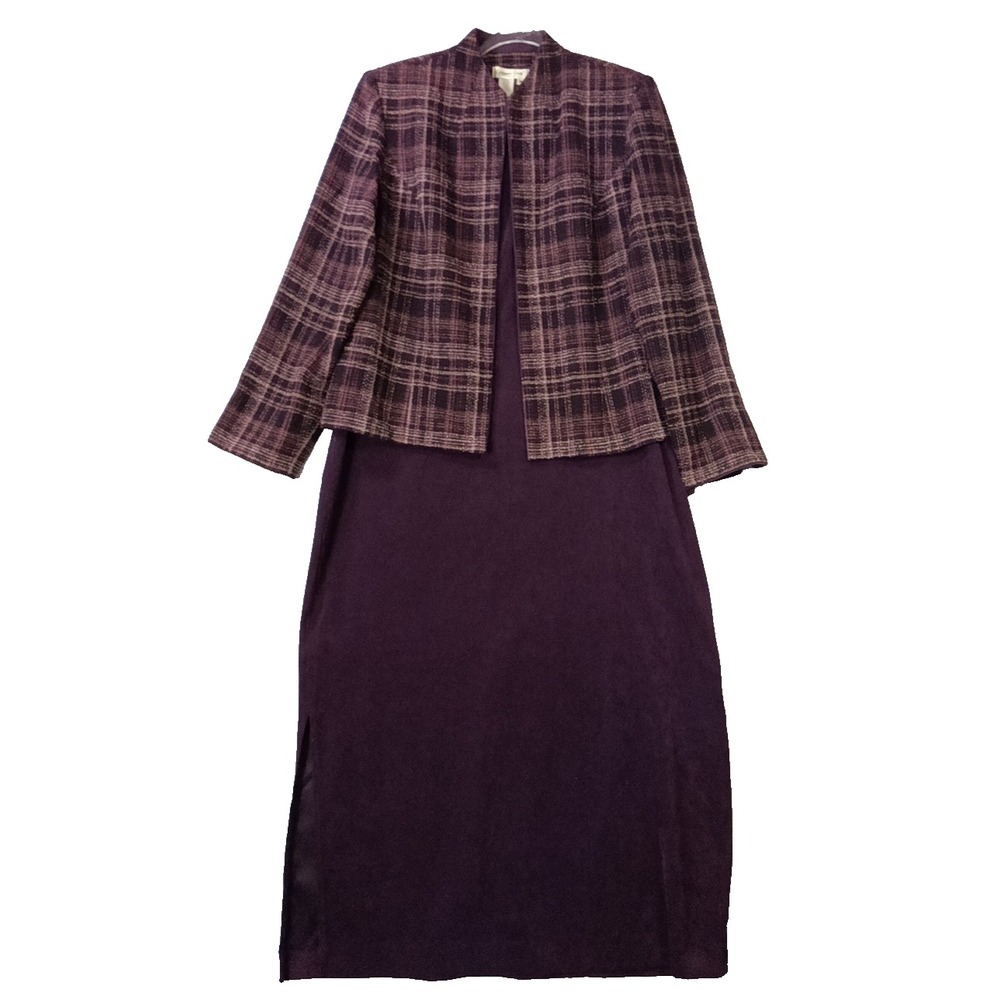 Coldwater Creek 2 Pc Dress Set Size 16 Purple Plaid Jacket Midi Dress Women - Picture 10 of 12